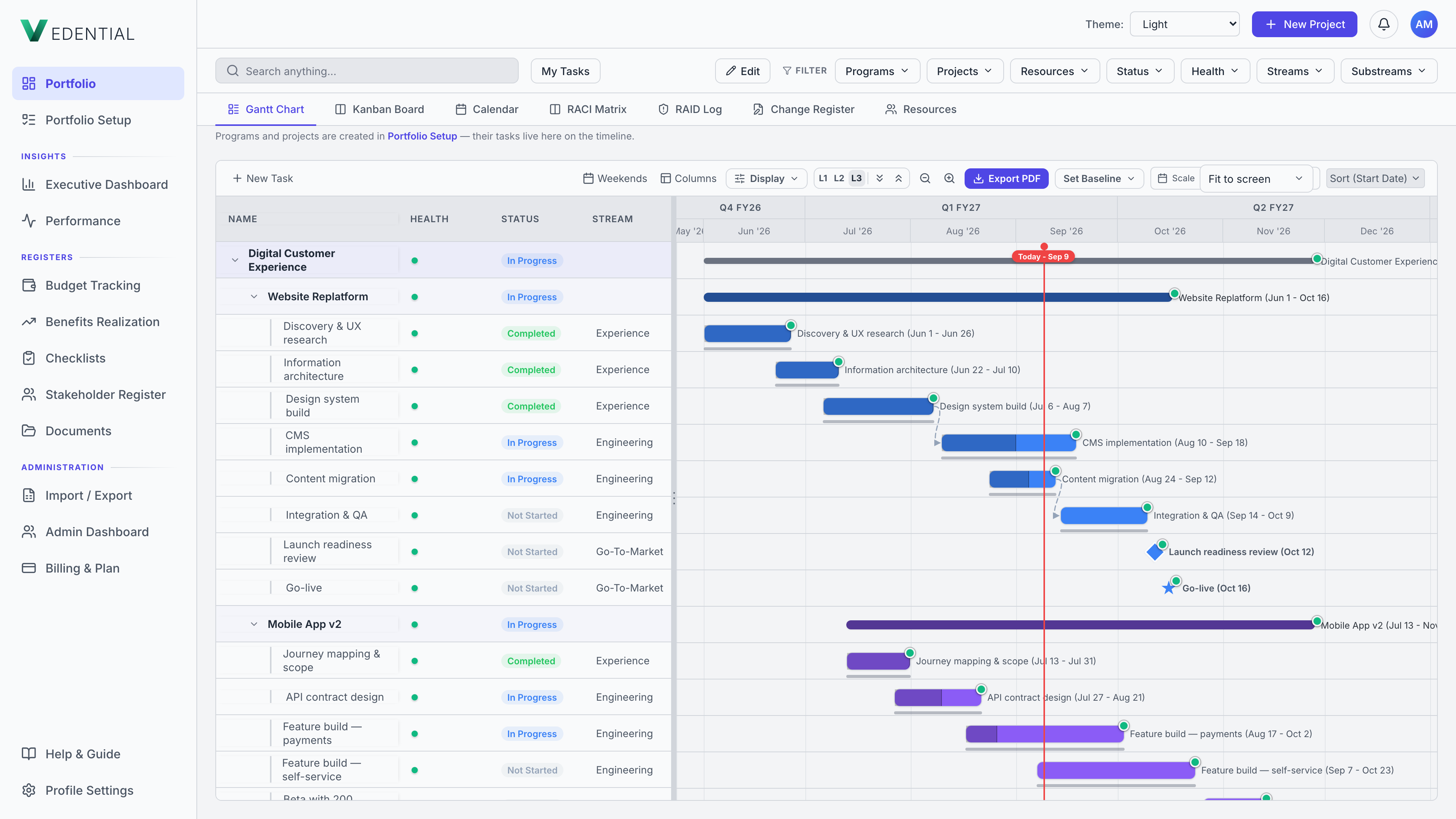 Vedential Gantt view — programs, projects and tasks with baselines, milestones and health indicators